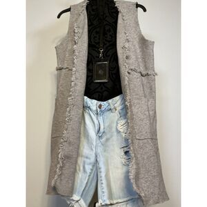 Fringe Long Open Gray Soft Sleeveless Vest with Pockets Y2K, Boho, Festival, Sm